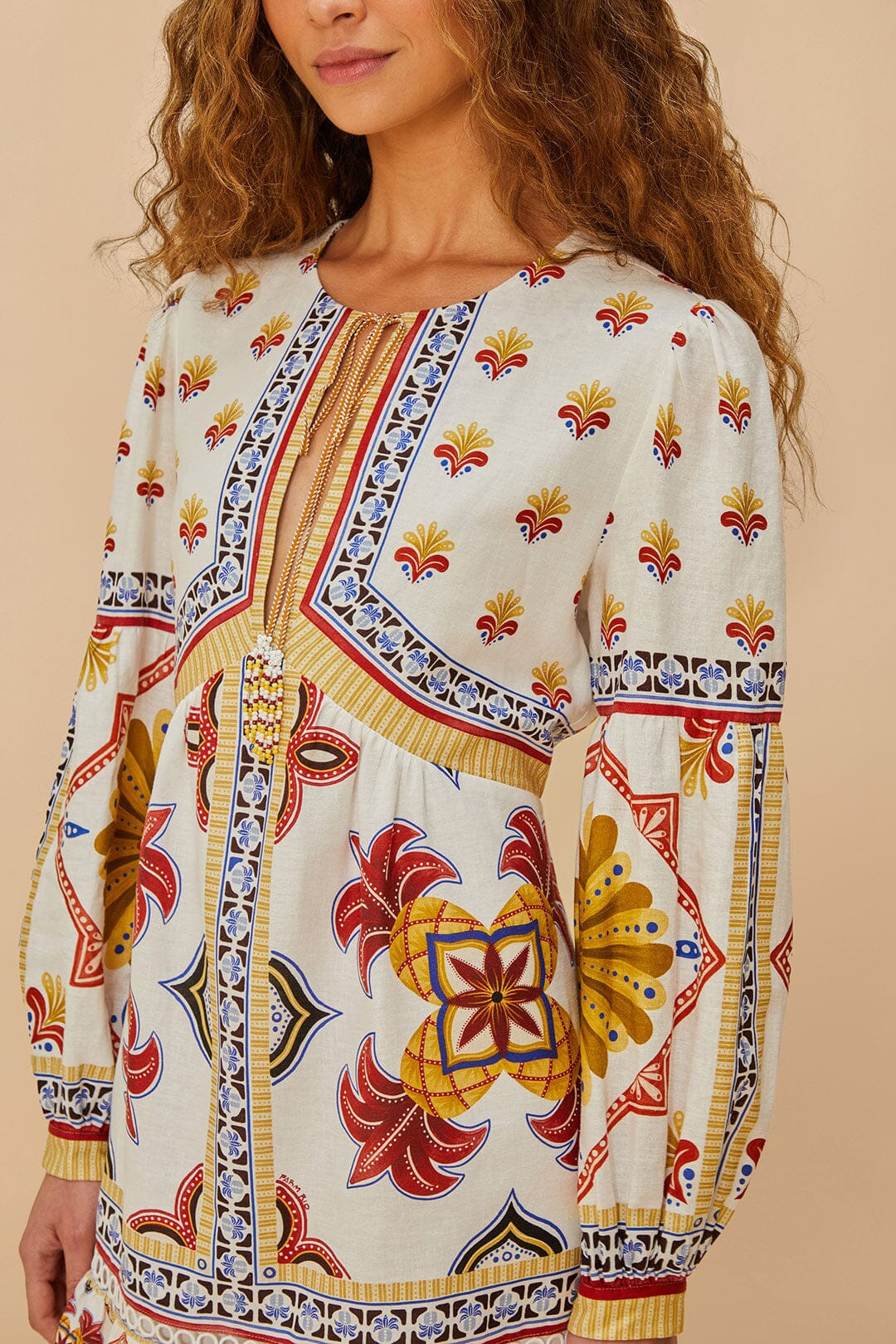 Off-White Marys Tiles LENZING™ ECOVERO™ Euroflax™ Mini Dress | FarmRio (US)