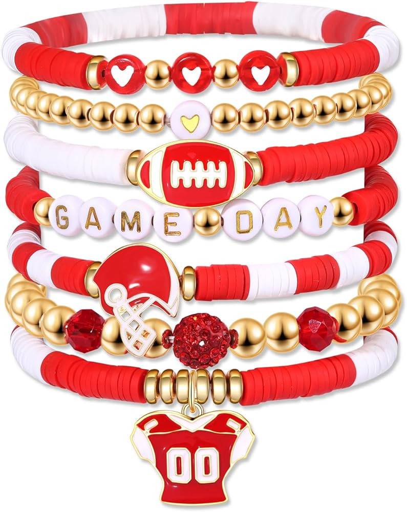 Game Day Bracelets for Women Football Bracelets Red Black Blue Heishi Clay Beaded Stretch Bracele... | Amazon (US)