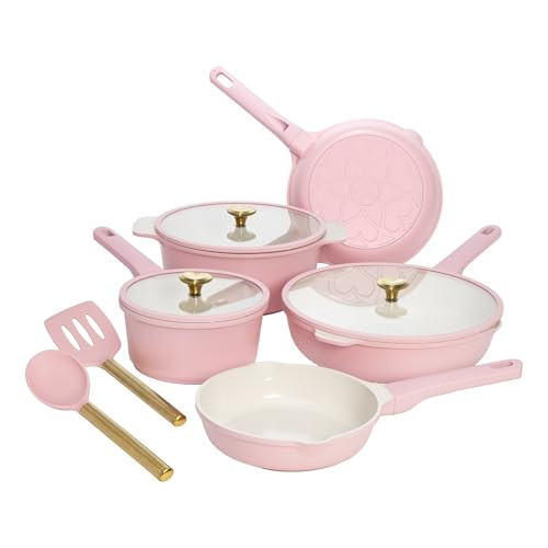 Paris Hilton Ceramic Nonstick Cookware Set, Cast Aluminum with Dual Layer Nonstick Coating, Gold Heart Knobs, Stay-Cool Handles, Made without PFAS, PFOA, PFOS & PTFE, Dishwasher Safe, 10-Piece, Pink | Amazon (US)