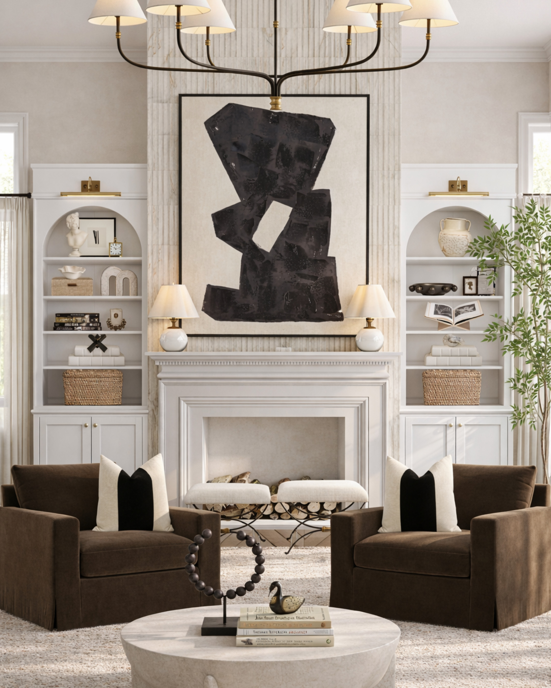 This is your reminder that symmetry + soft neutrals = instant designer polish ✨

In this living room, I focused on anchoring the space with warm, tailored chairs, layering in high-contrast pillows for depth, and keeping the built-ins light and intentional so everything feels elevated — not cluttered.

The oversized art grounds the fireplace, the chandelier adds quiet drama, and every piece works together to make the room feel cozy, curated, and livable. 🤍

Proof that you don’t need bold colors to make a space feel rich and interesting — it’s all in the balance.

Everything is linked and ready to shop in my LTK 🛍️

#LTKHome #NeutralLiving #HomeInspo #InteriorDesignIdeas #CozySpaces #LivingRoomStyle #DesignerDetails 

 #LTKHome