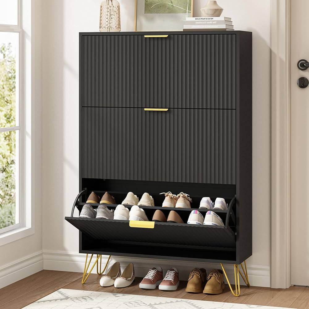 Shoe Cabinet with 3 Flip Drawers Narrow, Fluted Black Shoe Cabinet Storage for Entryway Slim, Hid... | Amazon (US)
