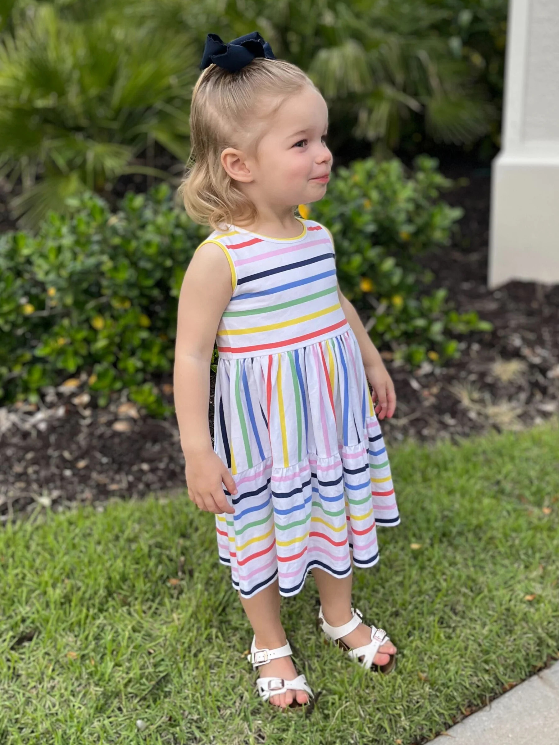 Girls Harriet Dress in Rainbow Stripe | Duffield Lane