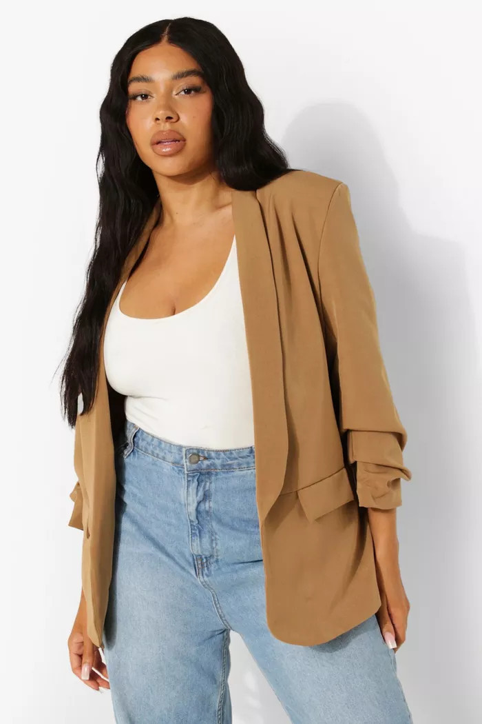Plus Stretch Woven Ruched Sleeve Blazer | Boohoo.com (US & CA)