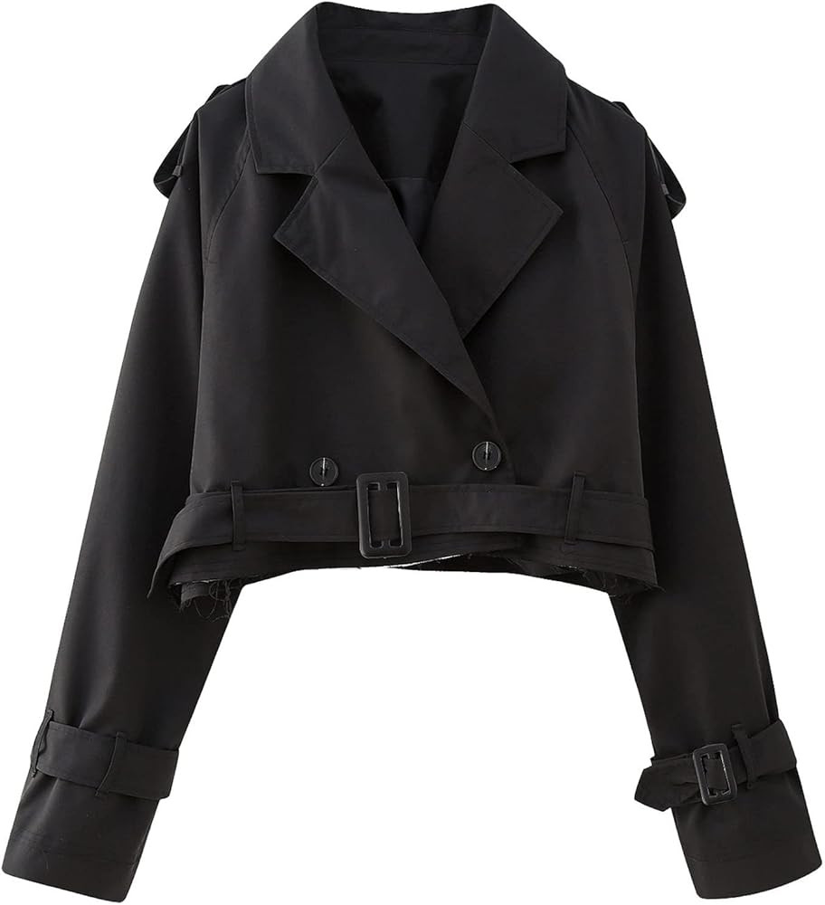 Perbai Women's Casual Lapel Double Breasted Trench Jacket Cropped Pea Coat Outwear with Belt | Amazon (US)