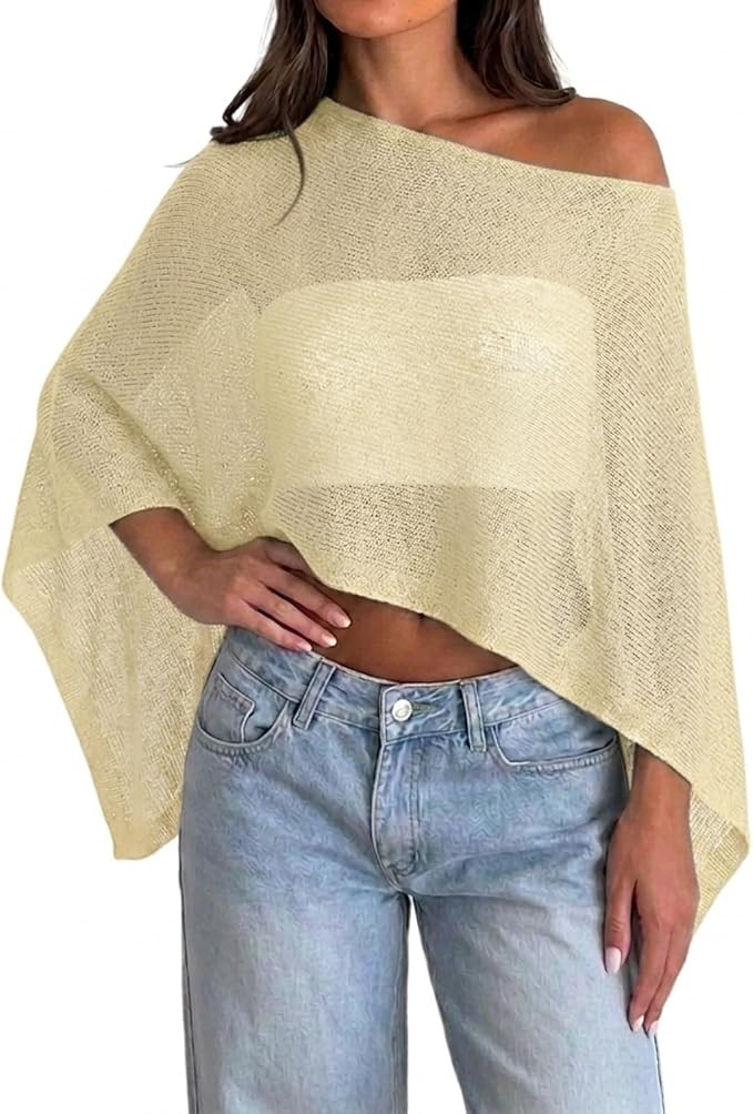 Womens Sheer Poncho Top Y2k Knitted Summer Asymmetrical Mesh Shawl Pullover Sweater Cover Up Tops | Amazon (US)