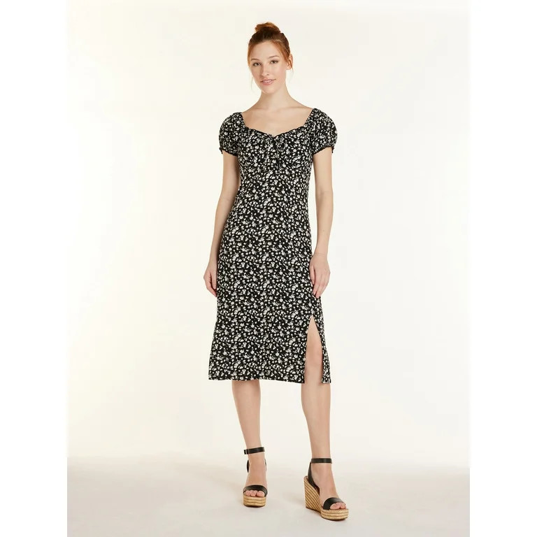 No Boundaries Juniors’ Floral Dress with Short Puff Sleeves, Sizes XS-XXXL | Walmart (US)