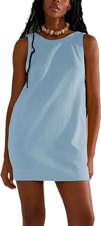 Megfie Womens Summer Crew Neck Sleeveless Open Back Dress Casual Beach Sunshine Cotton Linen Mini... | Amazon (US)