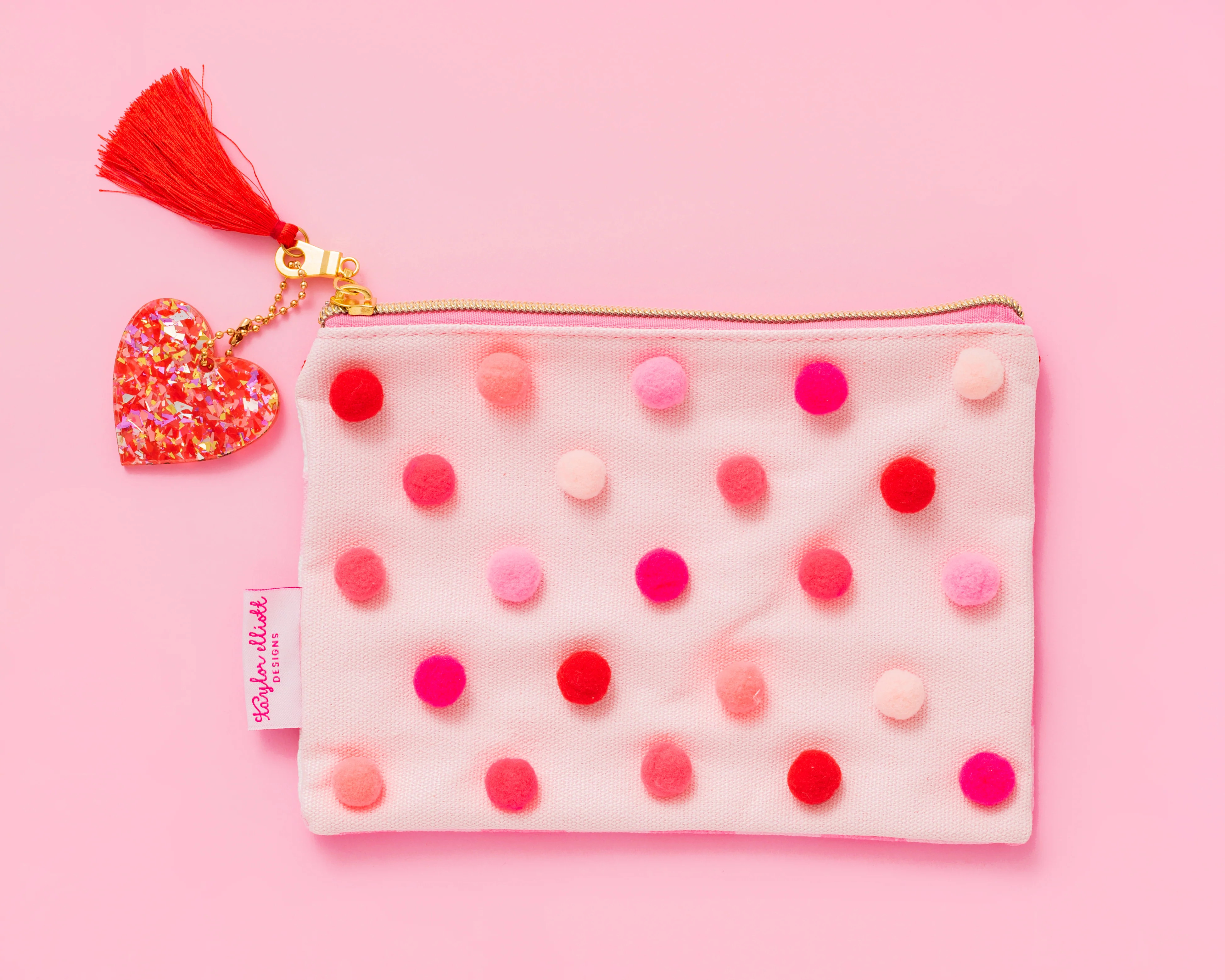 Red/Pink Pom Pom Pouch | Taylor Elliott Designs