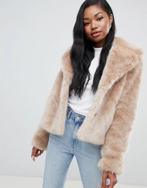 Bershka faux fur short jacket in camel | ASOS US