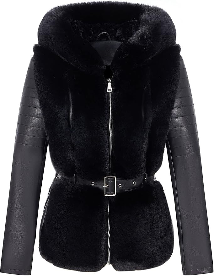 Bellivera Women Faux Fur Leather Jacket Short Warm Motorcycle Biker Coat Furry Outwear | Amazon (US)