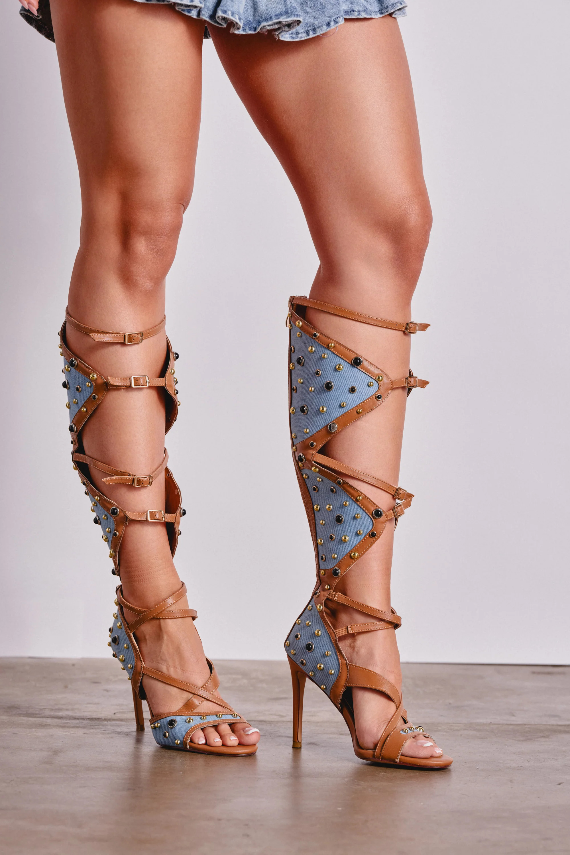 AKIRA GOLD LULANA DENIM METAL STUDDED GLADIATOR STILETTO SANDAL | AKIRA
