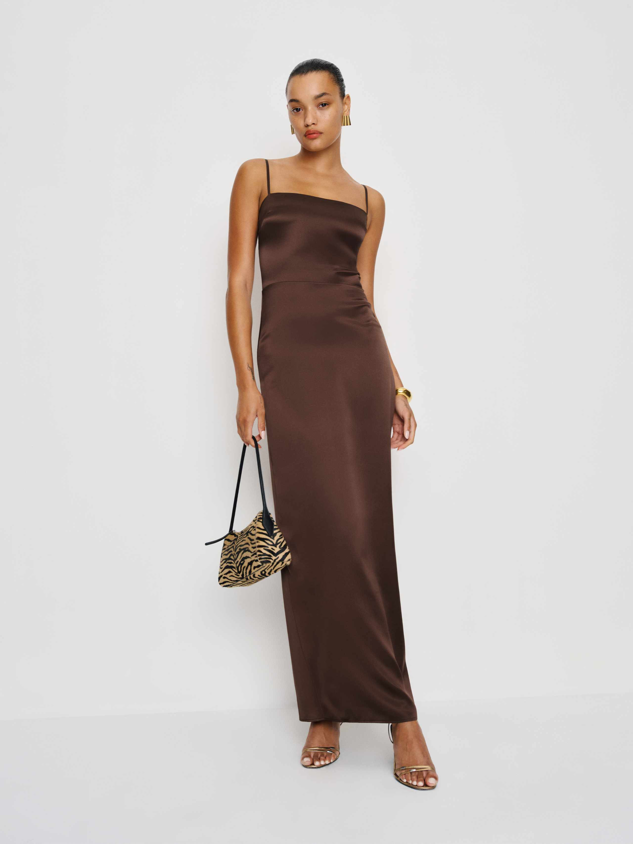 Reformation Frankie Silk Dress Brown 10 | Reformation (Global)