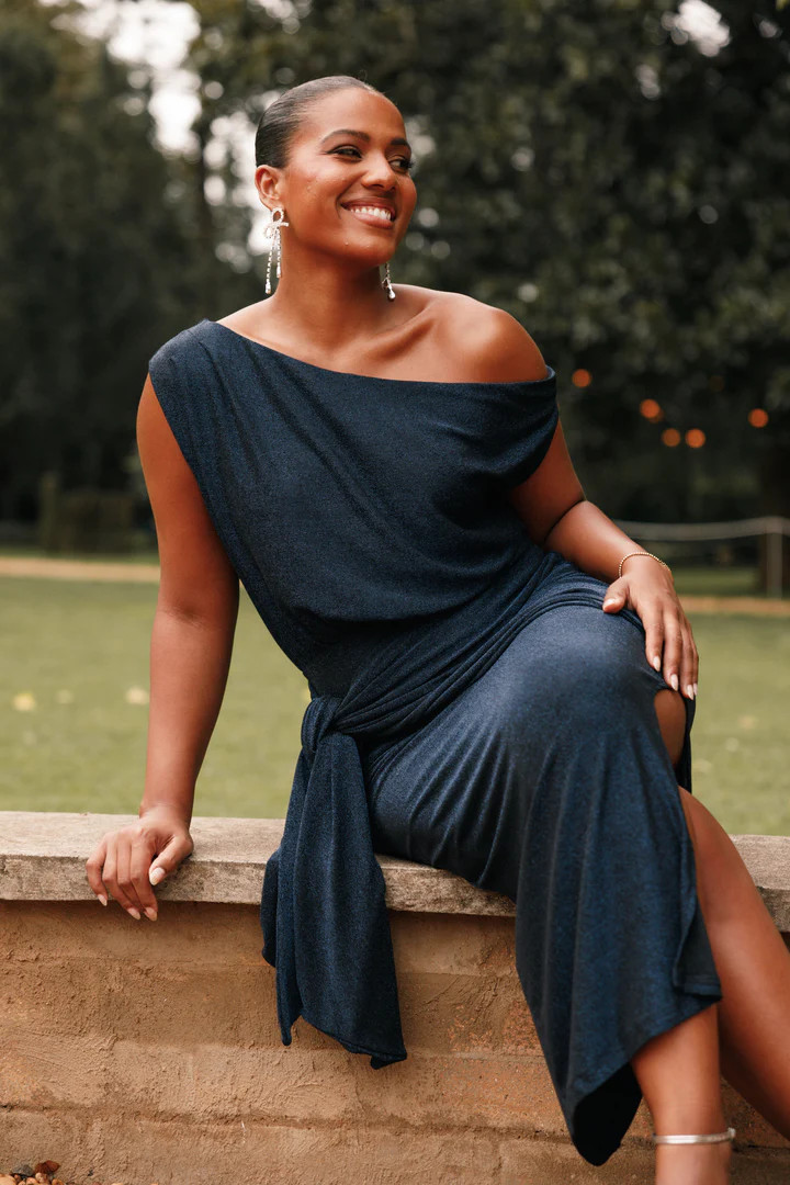 Santiago Off Shoulder Midi Dress - Navy | Petal & Pup (US)