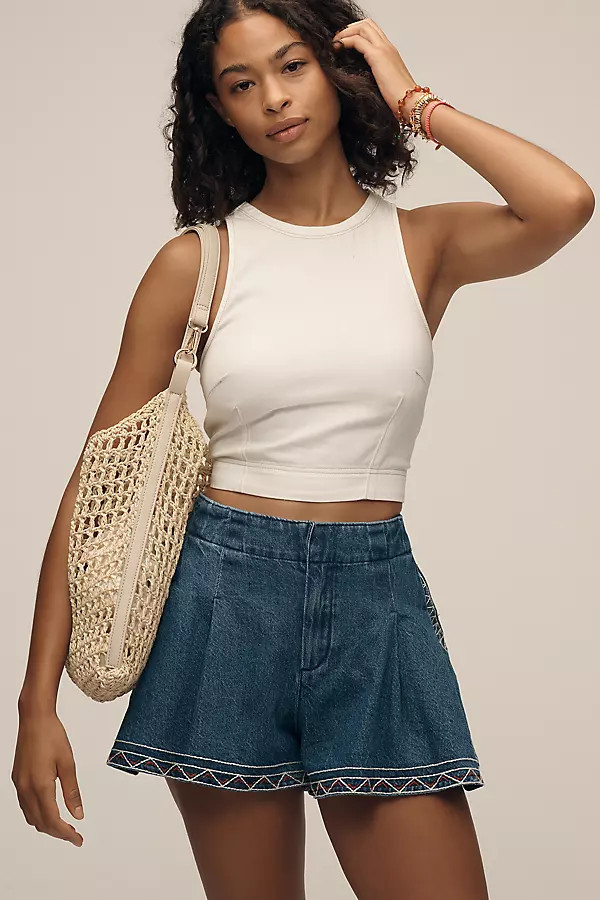 Embroidered Pleated Denim Skirty Shorts | Anthropologie (US)