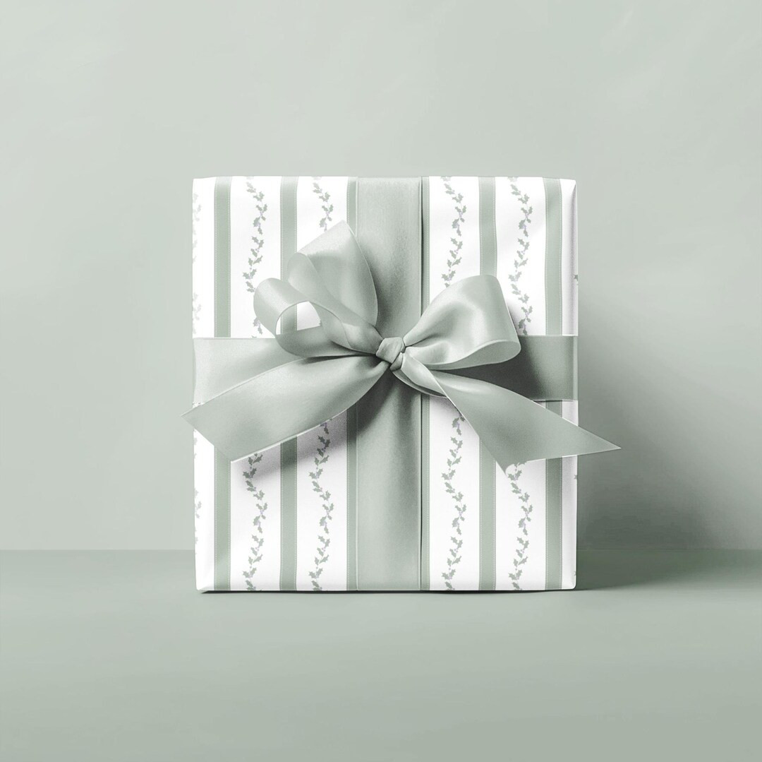 Holly Garland Stripe Sage Green Wrapping Paper, Ivy, Mistletoe, Light Green, Elegant Holiday Patt... | Etsy (US)