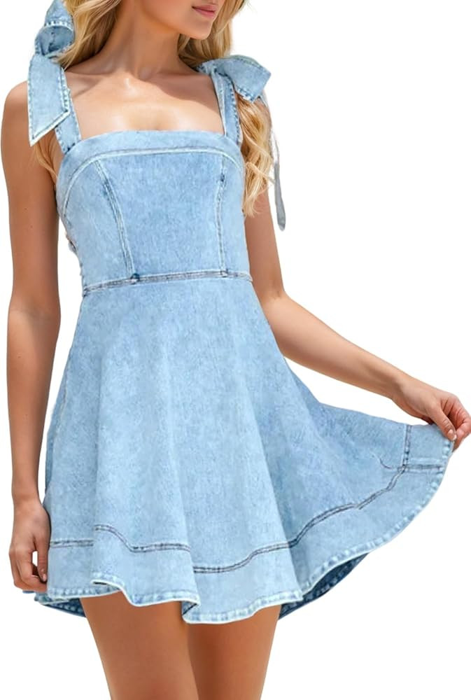 Women’s Summer Tie Shoulder Sleeveless Denim Mini Dress Ruffle A Line Swing Short Denim Dress | Amazon (US)