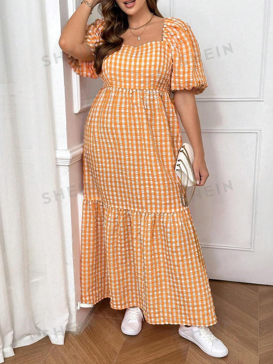 SHEIN Essnce Plus Size Women's Short Sleeve Casual Plaid Textured Crew Neck Puff Sleeve Orange Dr... | SHEIN