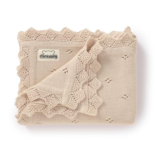 mimixiong Cotton Baby Blanket Knitted Crochet Receiving Crib Nursery Swaddling Blankets for Newborn Baby Boy Girl 30x40 Inch (Oatmeal) | Amazon (US)