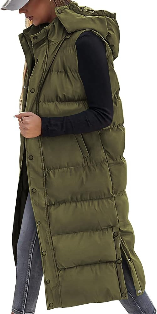 BTFBM Long Puffer Vest Women Quilted Hooded Button Down Zip Up Sleeveless Vests Outerwear Padded ... | Amazon (US)