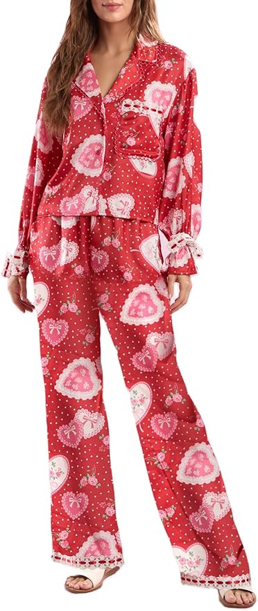 Argeousgor Women Cute Pajamas Bow Pjs Set Long Sleeve Shirt Pants Silk Heart Print 2 Piece Lounge... | Amazon (US)