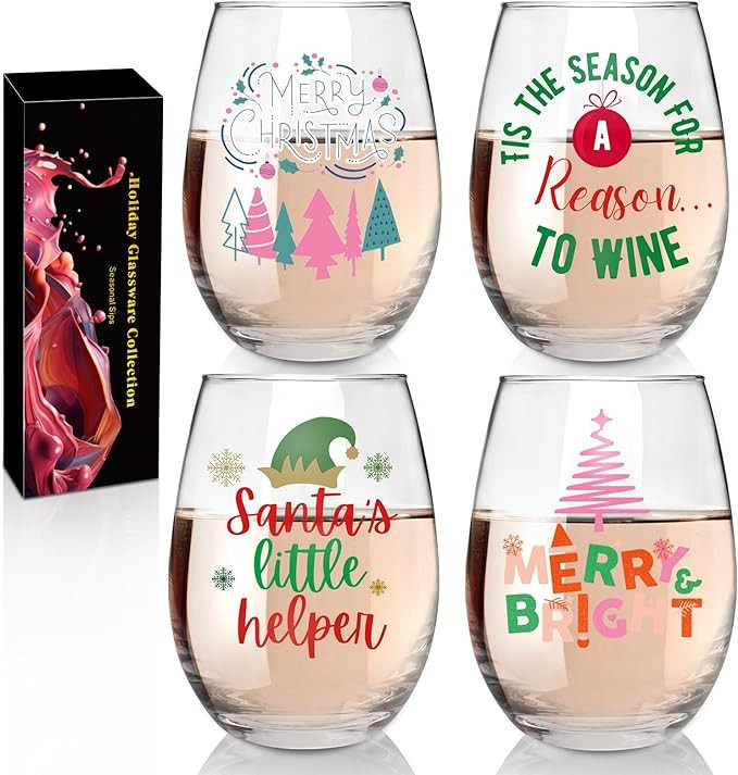 CNVOILA Christmas Stemless Wine Glasses, Funny Christmas Wine Glasses, Red Wine White Wine Glasse... | Amazon (US)