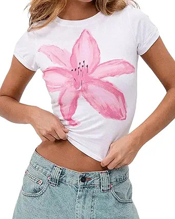 Cioatin Women Y2K Short Sleeve Flower Graphic Baby Tee Shirt Vintage Aesthetic Floral Print Summe... | Amazon (US)