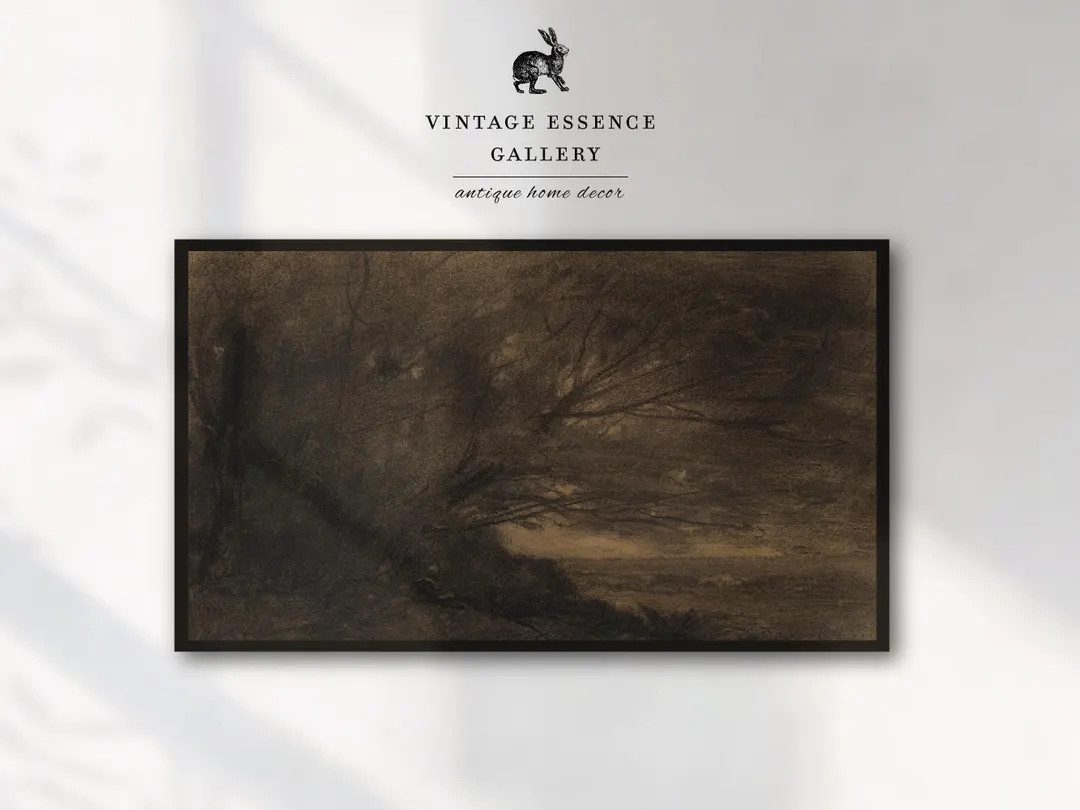 Dark Moody Samsung Frame TV Art Vintage Fall Wooden Landscape Antique Brown Nature Sketch Drawing... | Etsy (US)