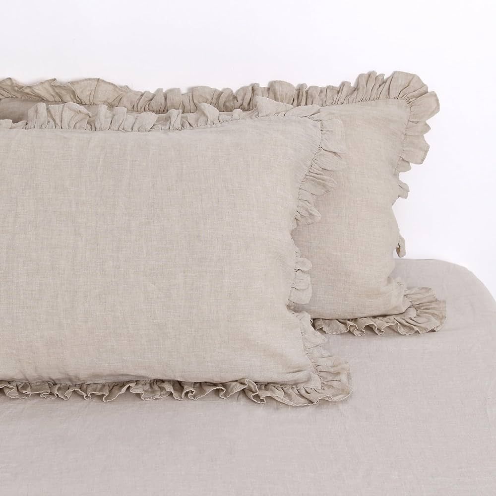 Linen Ruffled Pillow Cases,100% French Natural Linen Pillowcase Set of 2,Ruffled Linen Pillow Sha... | Amazon (US)