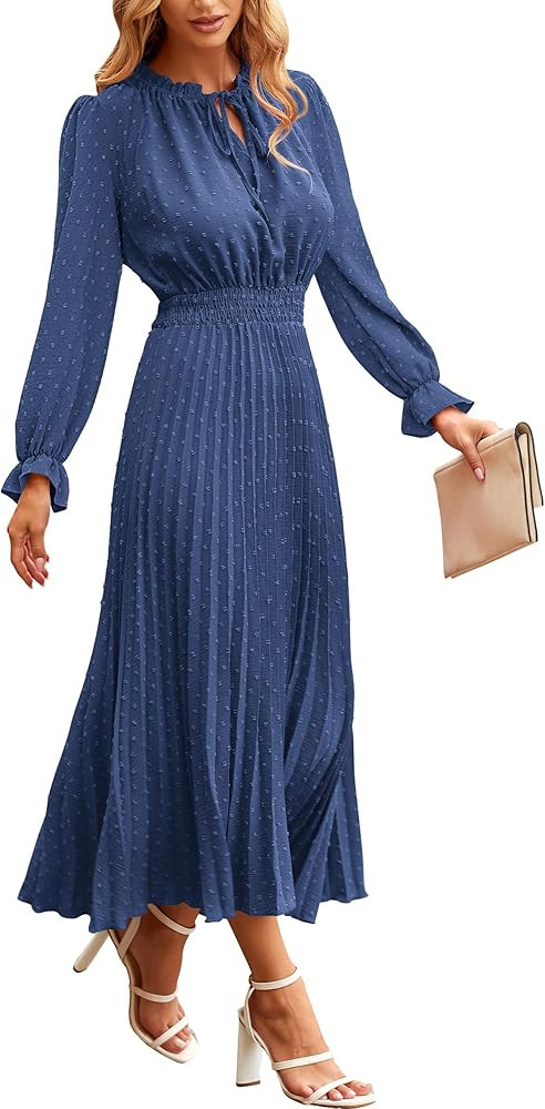 PRETTYGARDEN Women's 2026 Spring Fall Midi Dress Casual Long Sleeve V Neck Swiss Dot Pleated A Li... | Amazon (US)