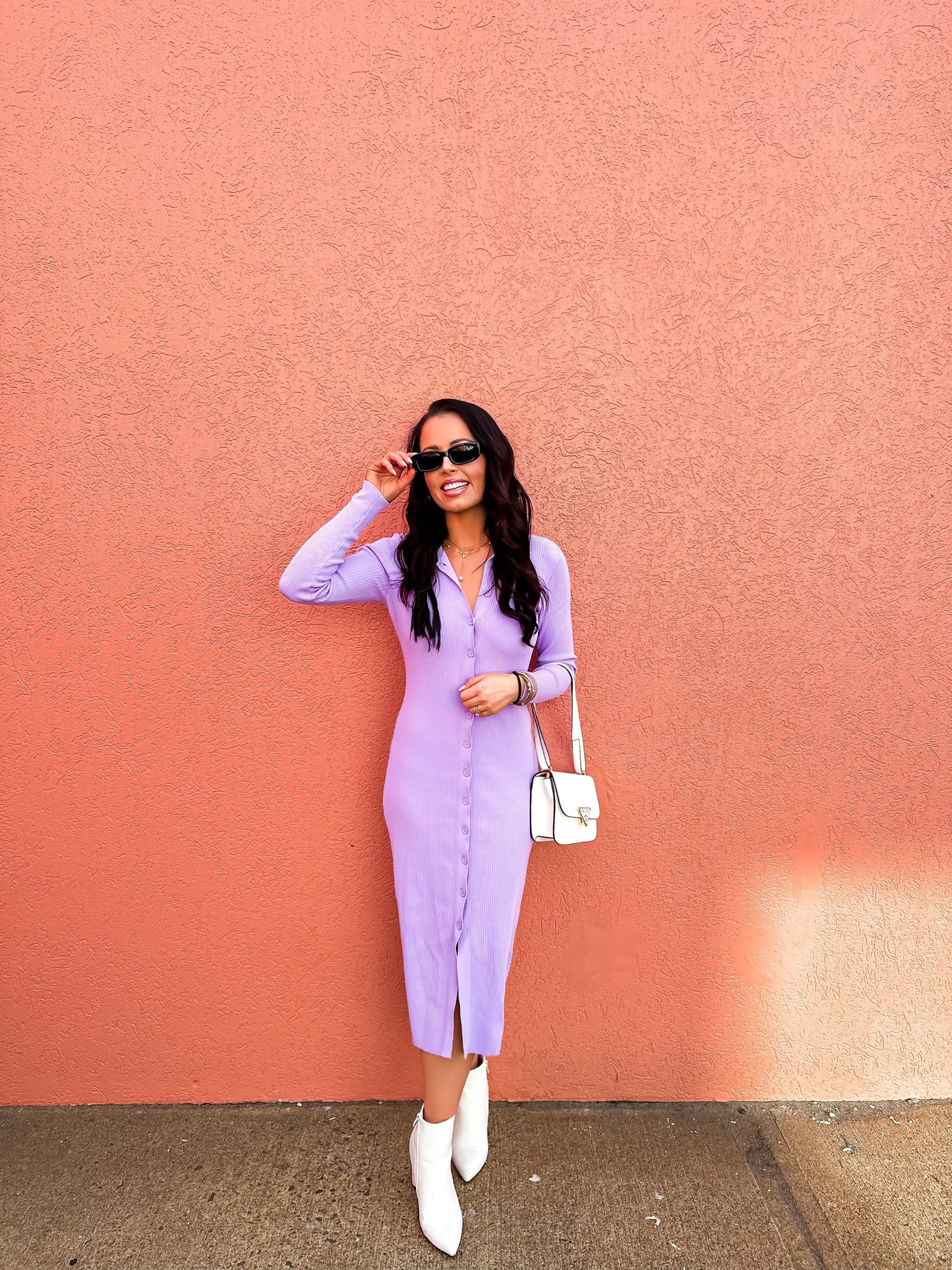 Under $65 amazon lavender midi sweater dress that’s perfect for spring (small), under $40 amazon white pointed toe booties (tts) these are a closet staple and under $10 amazon stylish sunglasses #founditonamazon 

#LTKunder50 #LTKSeasonal #LTKshoecrush