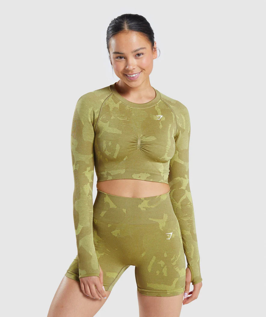 Gymshark Adapt Camo Seamless Long Sleeve Crop Top - Savanna | Griffin Green | Gymshark US