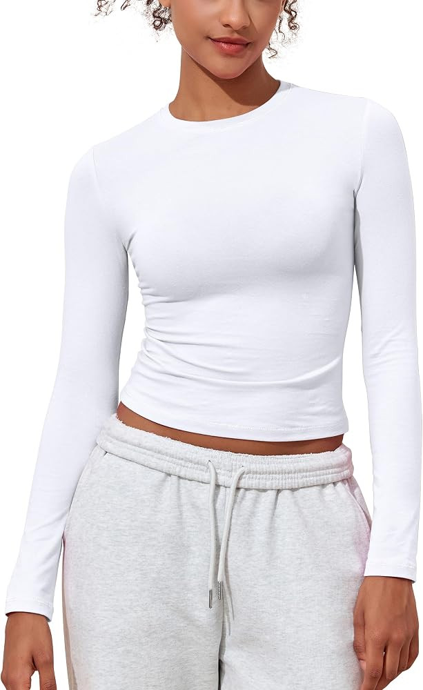 PrettyGuide Women's Cotton Jersey Long Sleeve Shirts Tight Fit Crewneck Crop Tops Basic Fall Goin... | Amazon (US)