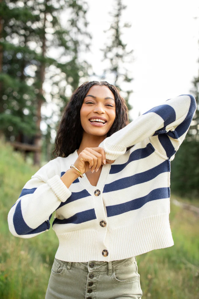 Rachel Ivory and Navy Blue Stripe Cropped Cardigan FINAL SALE | Pink Lily