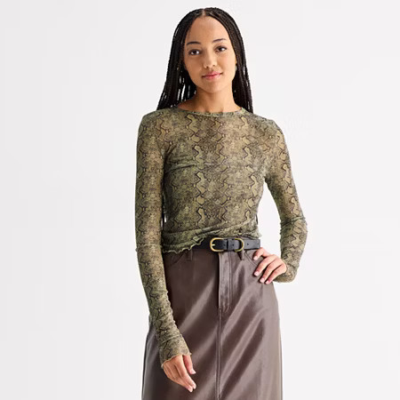 a.n.a Sheer Womens Crew Neck Long Sleeve T-Shirt, Large, Brown | JCPenney