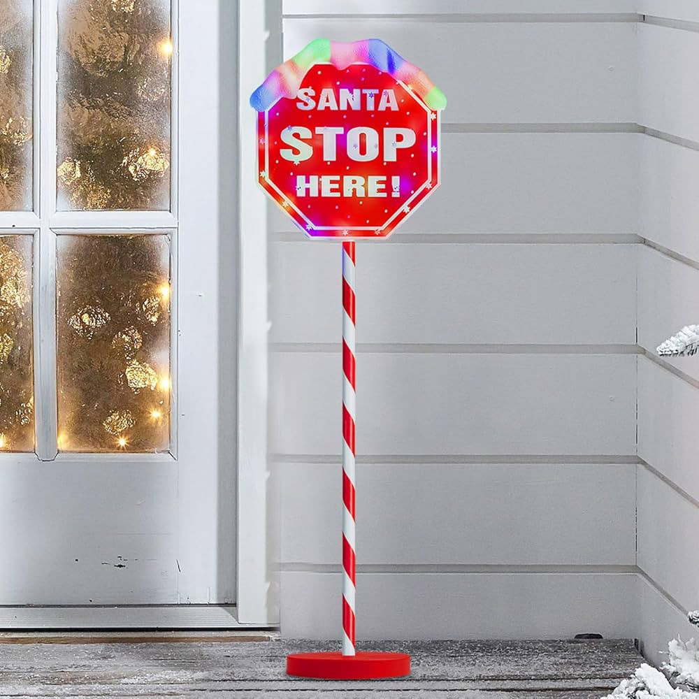 Christmas Santa Stop Here Sign with 30 Multi-color LEDs Battery Operated with Timer Christmas Sto... | Amazon (US)