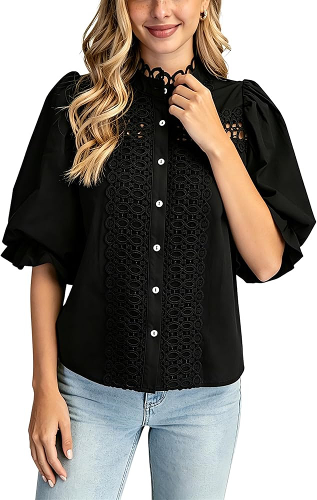 Esmeling Women Lace Embroidered Eyelet Top Mock Neck Puff Ruffle Sleeve Shirt Hollow Out Button D... | Amazon (US)