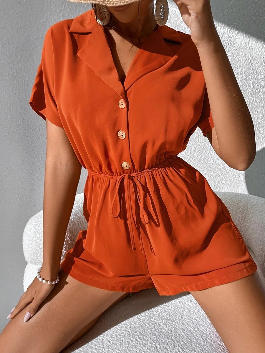 Lapel Collar Knot Front Batwing Sleeve Shirt Romper | SHEIN