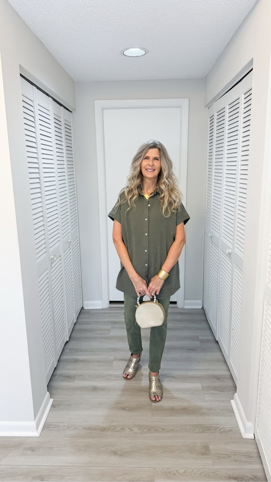 Outfit that takes you from day to night & Summer to Fall. Olive green tank top, short sleeve top, pull on pants olive color & fit like jeans straight leg, block heel gold shoes that are so comfortable, stunning gold cuff bracelet & beaded stone necklace long pendant style & it’s adjustable!! closet staples for sure! Wearing XS.  Casual outfit, brunch, date night. Mix & match pieces. #ltkautumn #Falloutfitideas 

#LTKOver40 #LTKStyleTip #LTKShoeCrush