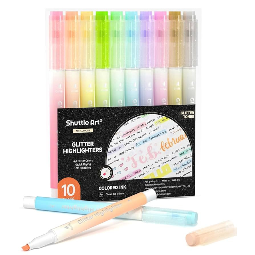 Glitter Highlighters, Shuttle Art 10 Sparkle Colors Chisel Tip Fluorescent Markers, Quick-Dry Non... | Amazon (US)