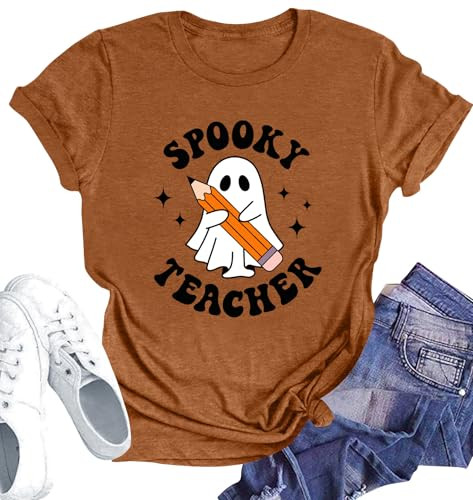PECHAR Halloween Teacher Shirt Women: Spooky Halloween T-Shirts Graphic Halloween Ghost Teaching Gifts Tee Tops B Orange | Amazon (US)