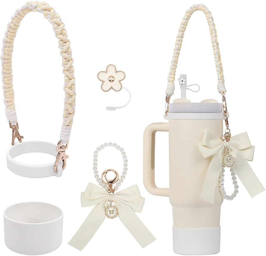 BELSITA Stanley Cup Accessories Set, Bow Pearl Chain Braided Design Water Bottle Handle Strap, Si... | Amazon (US)