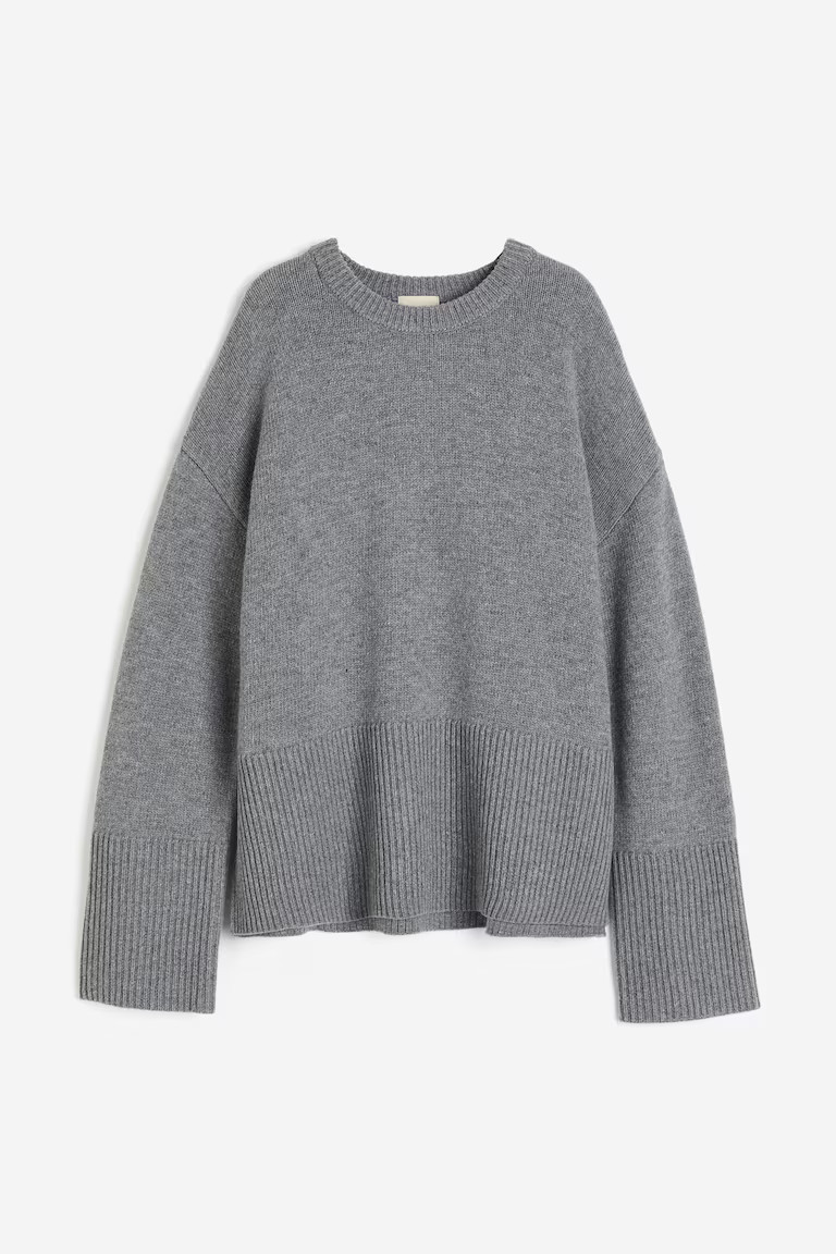 Cashmere-blend jumper - Round neck - Extra long sleeve - Grey marl - Ladies | H&M GB | H&M (UK, MY, IN, SG, PH, TW, HK)