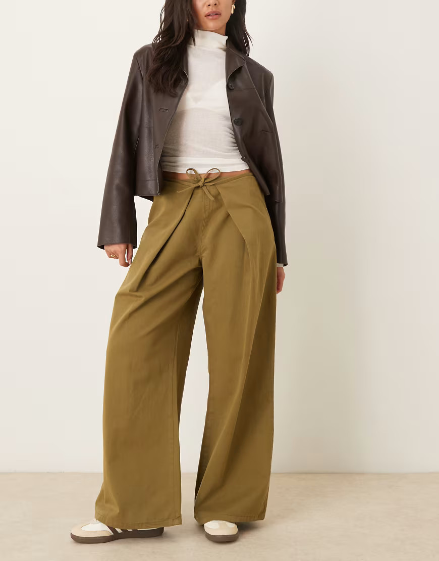 ASOS DESIGN paper touch pants with fold over tie front in olive green | ASOS (Global)