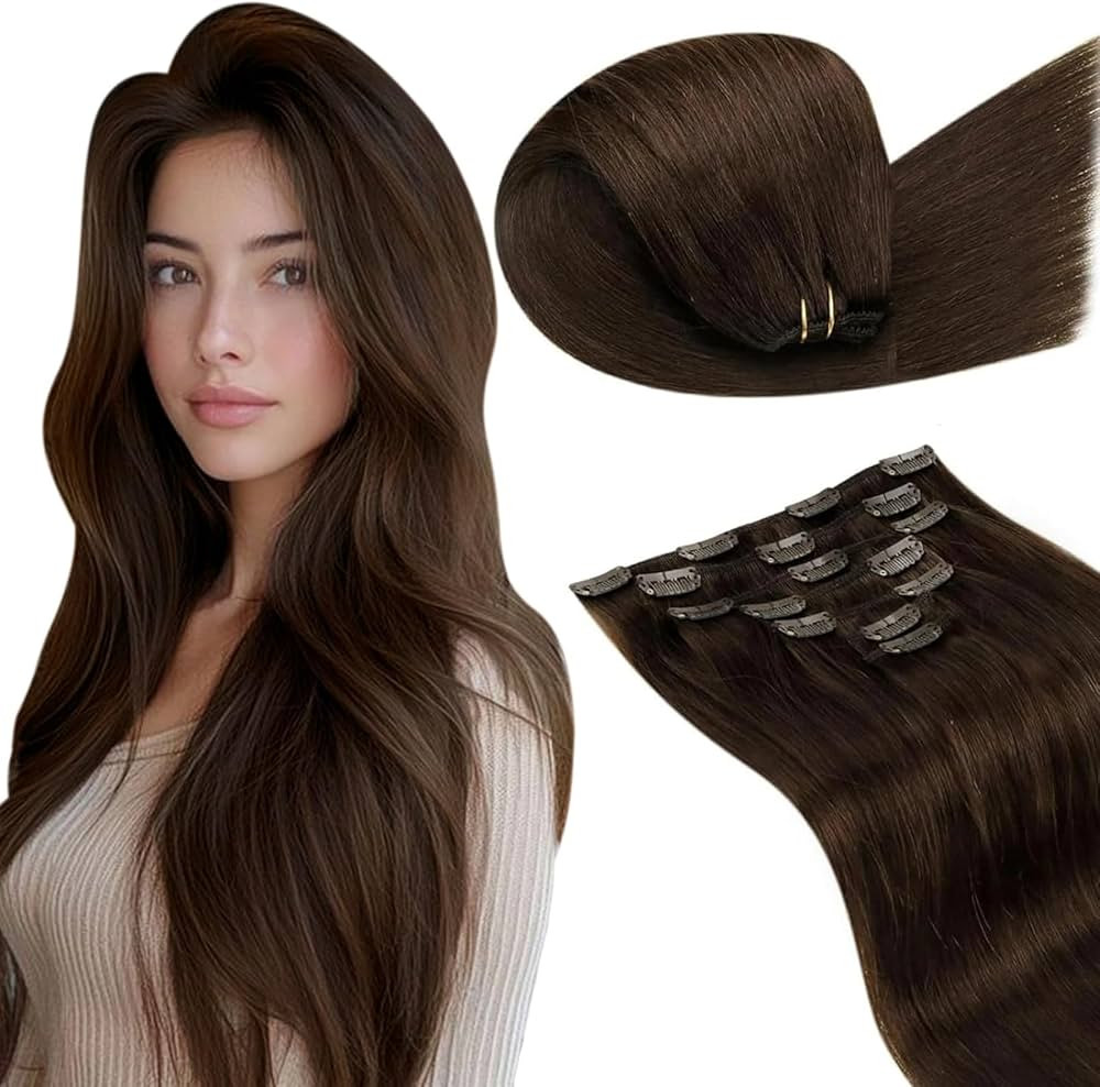 LaaVoo Human Hair Clip in Extensions Brown Clip in Hair Extensions Real Human Hair Medium Brown H... | Amazon (US)