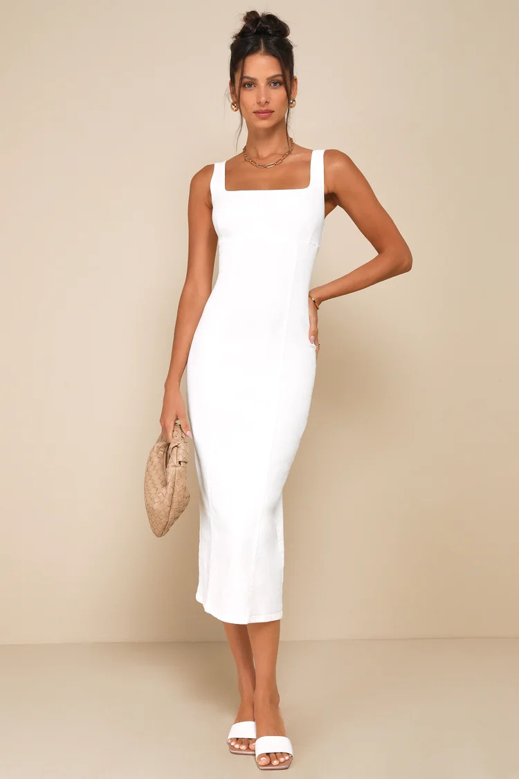 Carefree Style White Denim Bodycon Midi Dress | Lulus