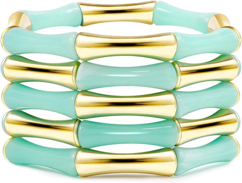 Gold Tube Bangle Bracelets for Women Stackable Bamboo Chunky Acrylic Beads Stretch Friendship Sum... | Amazon (US)