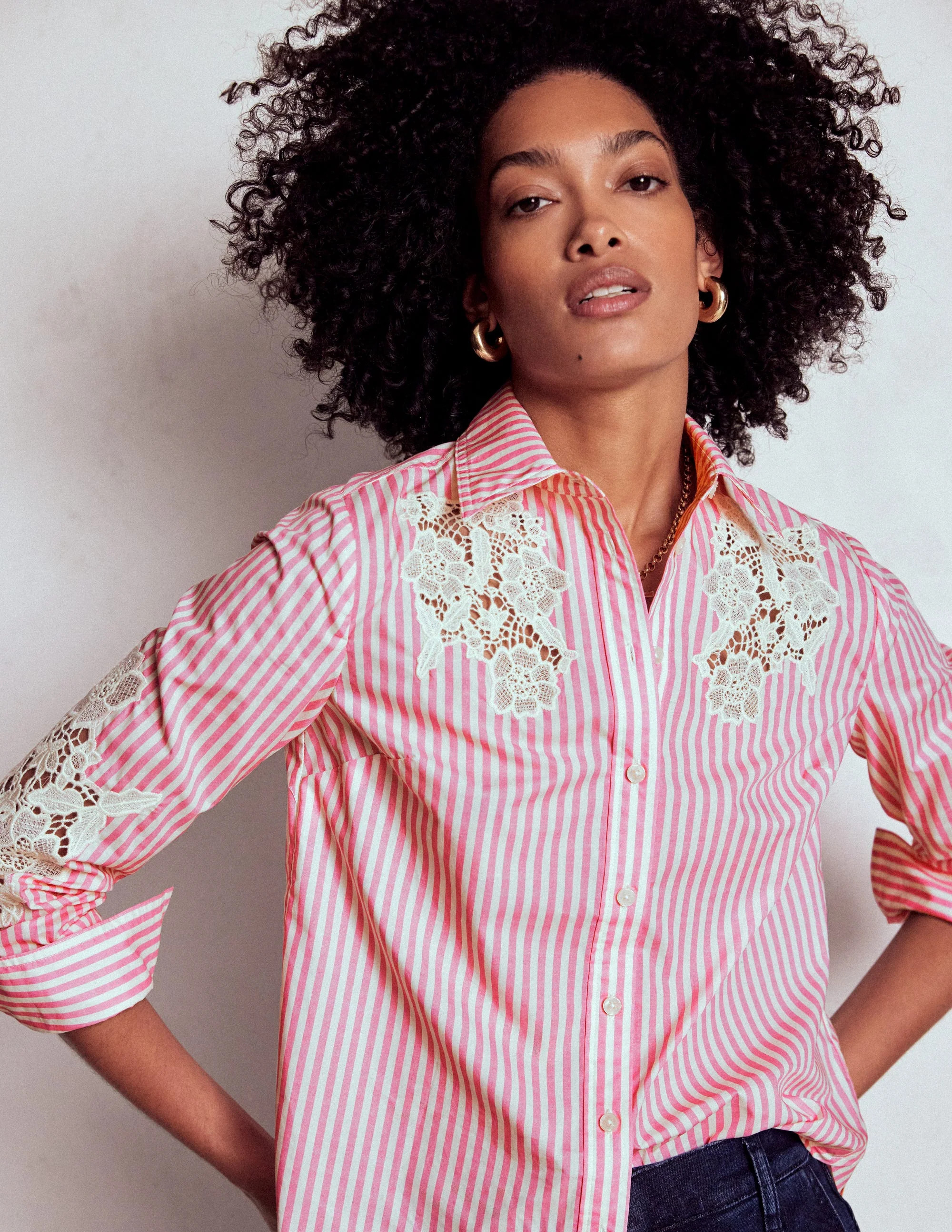 Sienna Interest Cotton Shirt-Pink and Ivory Cutwork Stripe | Boden (US)