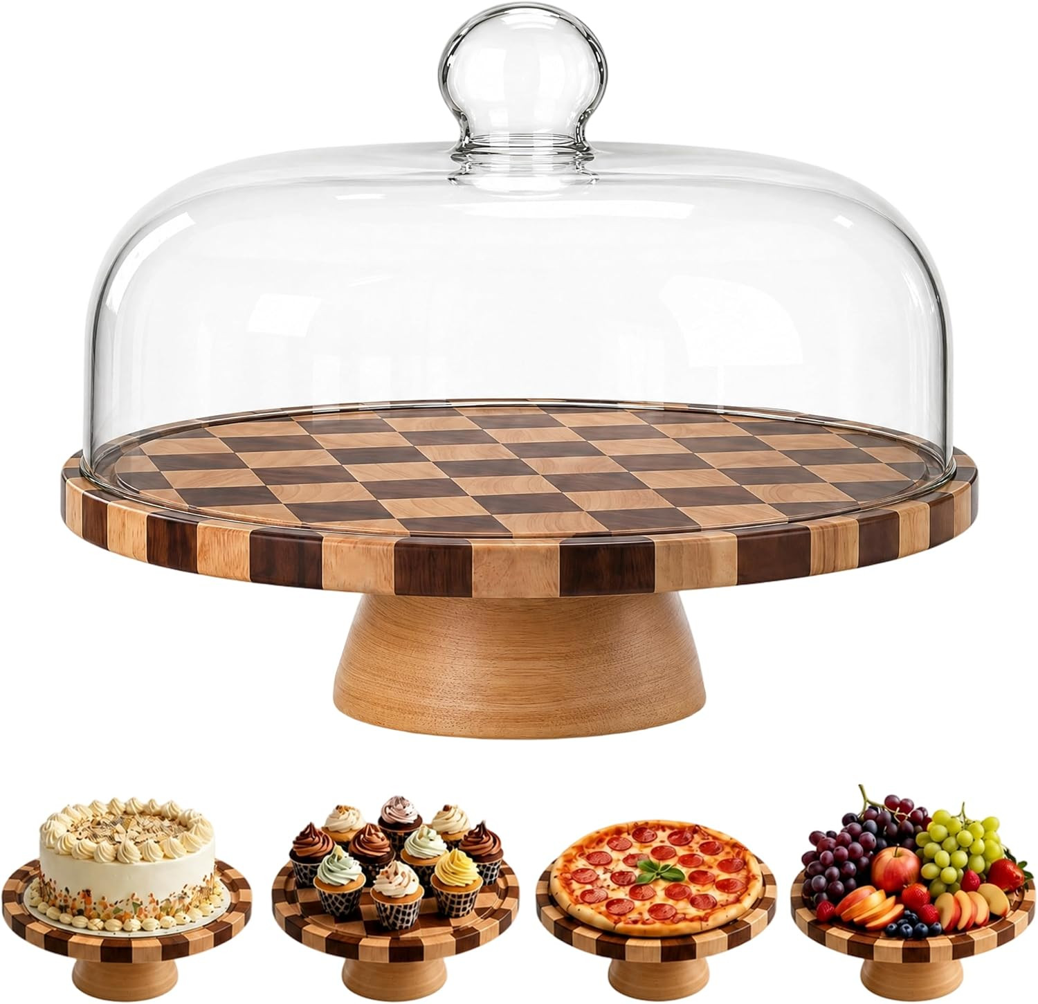 Checkerboard Wood Cake Stand with Glass Dome Lid, 12 Inch Round Rotating | Amazon (US)
