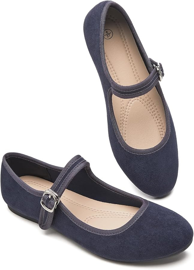 BABUDOG Womens Mary Jane Flats with Strap,Faux Suede Black Flats Shoes,Flats Shoes Women Dressy C... | Amazon (US)