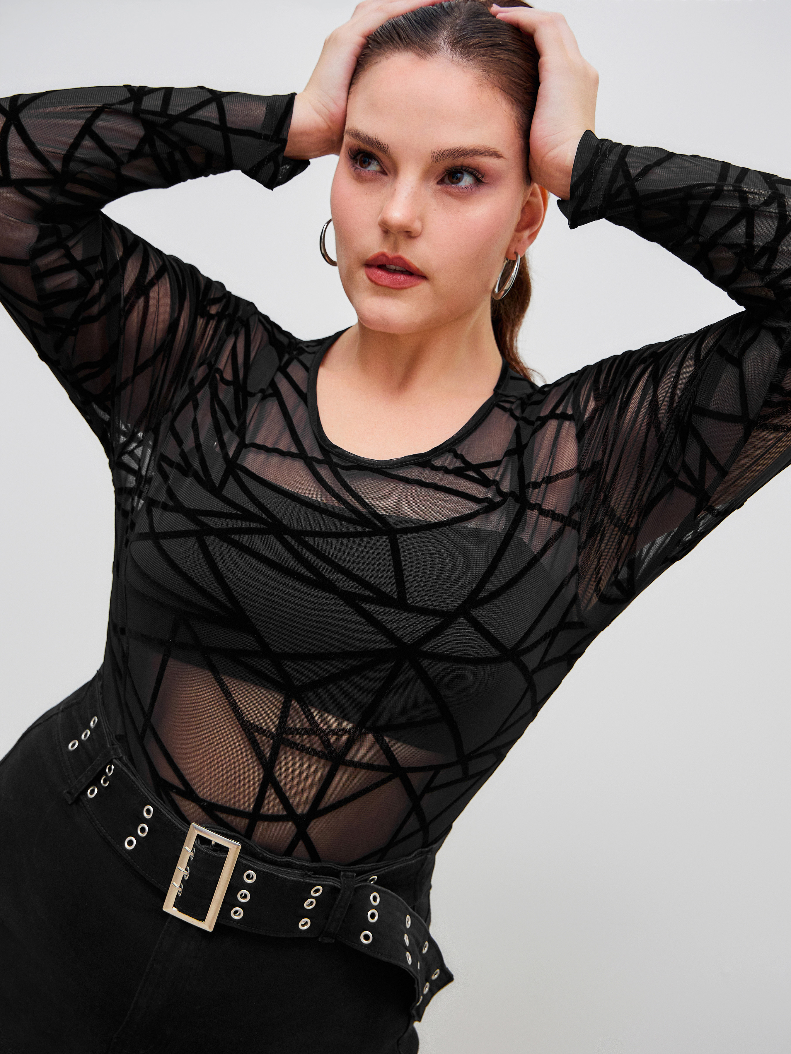 Mesh Mesh Round Neckline Geometric See-through Bodysuit Curve & Plus For Music Festival/Live Hous... | Cider